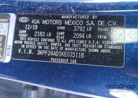 2019 Kia Forte Fe z USA, uszkodzony, nr VIN 3KPF24AD1KE075118